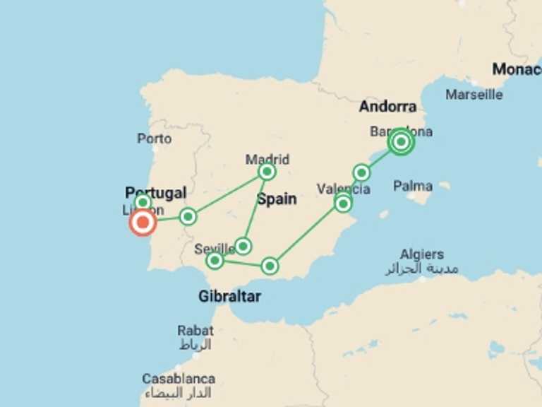 Map itinerary of Lisbon Tour in February 2027 with 2 destination visits for the trip: Spain's Classics & Portugal 