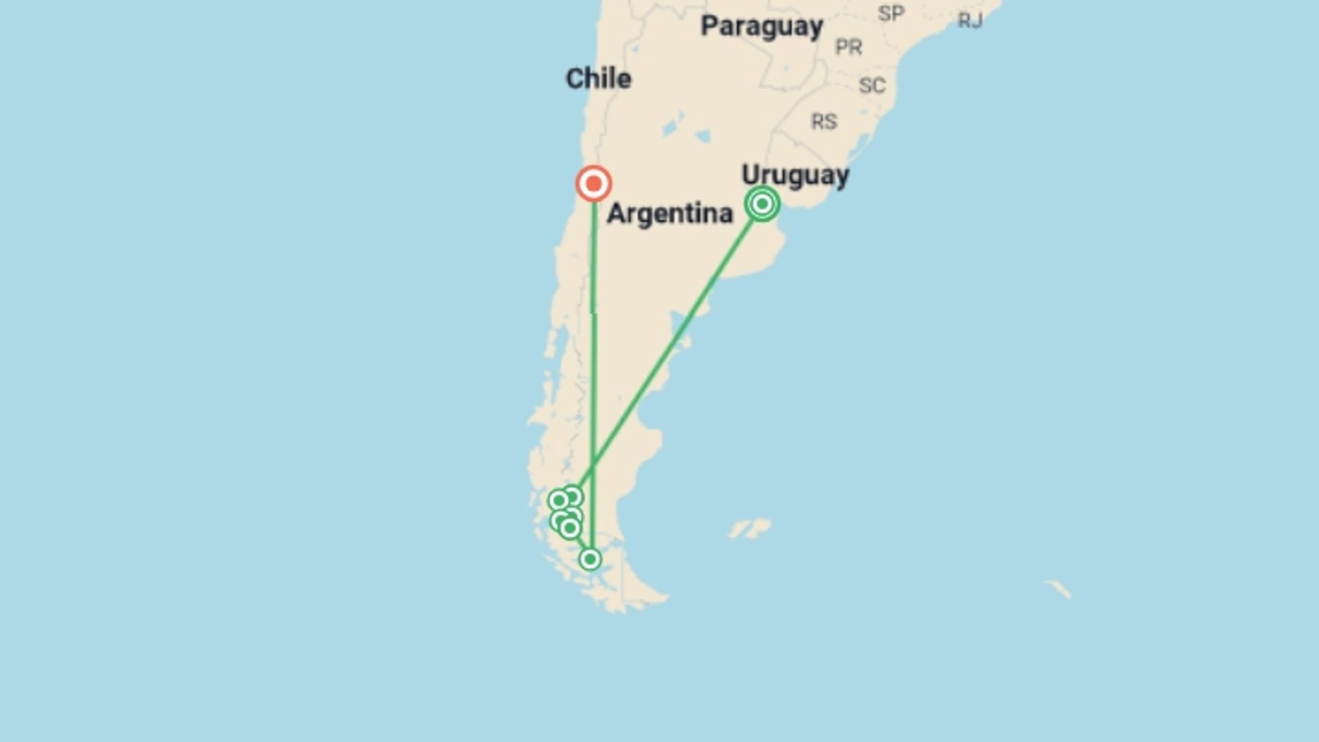 A map showing the tour itinerary for the trip: Buenos Aires, Patagonia & Santiago - 11 days, starting in Buenos Aires, Argentina and ending in Santiago, Cape verde going through 2 other destinations.