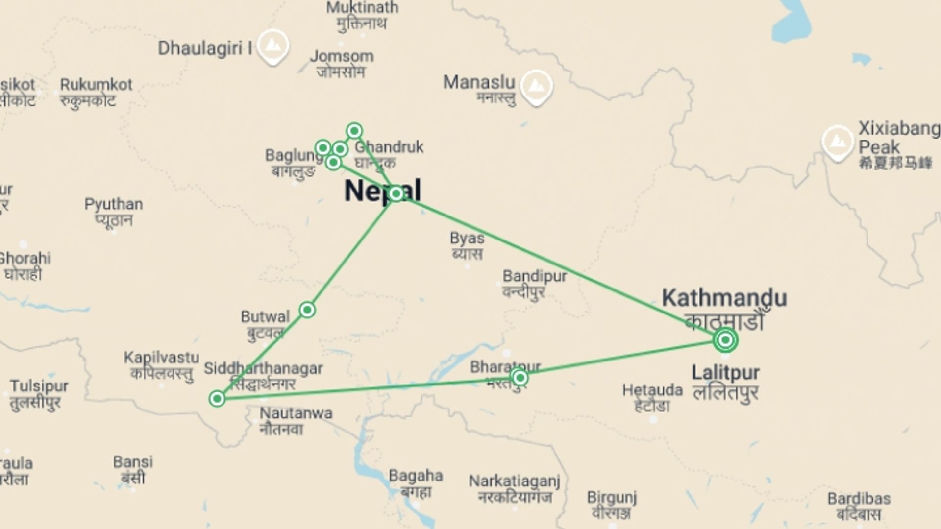 A map showing the tour itinerary for the trip: Experience Nepal, starting in Kathmandu, Nepal and ending in Kathmandu, Nepal going through 9 other destinations.
