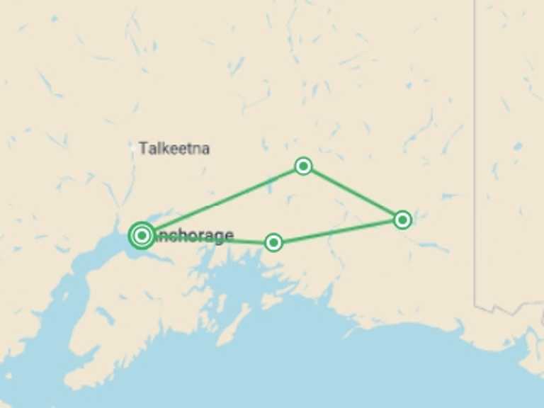 Map of 7-Day USA Tour with 4 destination visits for the trip: Hike Alaska: Valdez and Wrangell St Elias