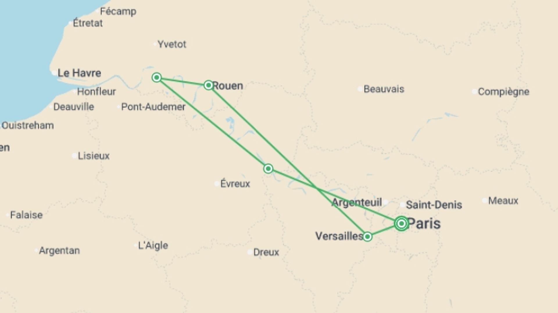 A map showing the tour itinerary for the trip: Magical Parisian Holiday (2027), starting in Paris, France and ending in Paris, France going through 4 other destinations.