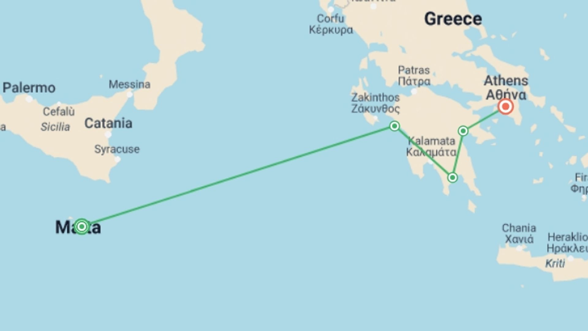 A map showing the tour itinerary for the trip: Mediterranean Wonders from Malta to Ancient Greece (port-to-port cruise), starting in Valletta, Malta and ending in Athens, Greece going through 3 other destinations.