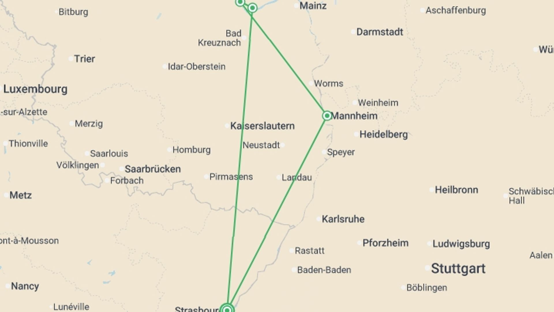 A map showing the tour itinerary for the trip: The Rhine in flames (port-to-port cruise), starting in Strasbourg, France and ending in Strasbourg, France going through 3 other destinations.