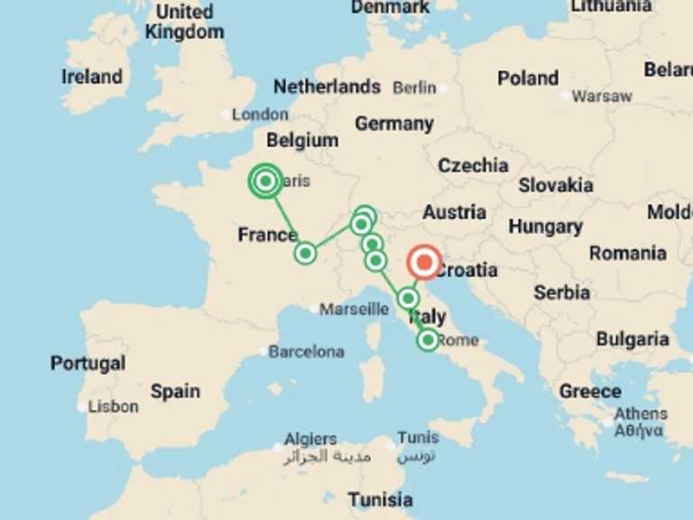 Map itinerary of Europe Tour in Fall with 7 destination visits for the trip: Solo Lite Essential France Switzerland and Italy