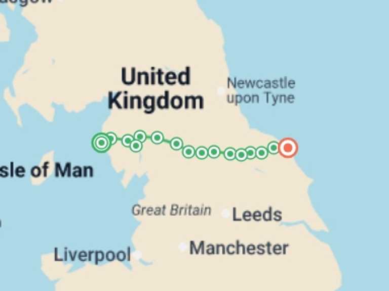 Map itinerary of England Tour in Summer with 16 destination visits for the trip: Coast to Coast Guided Explorer - 17 Days