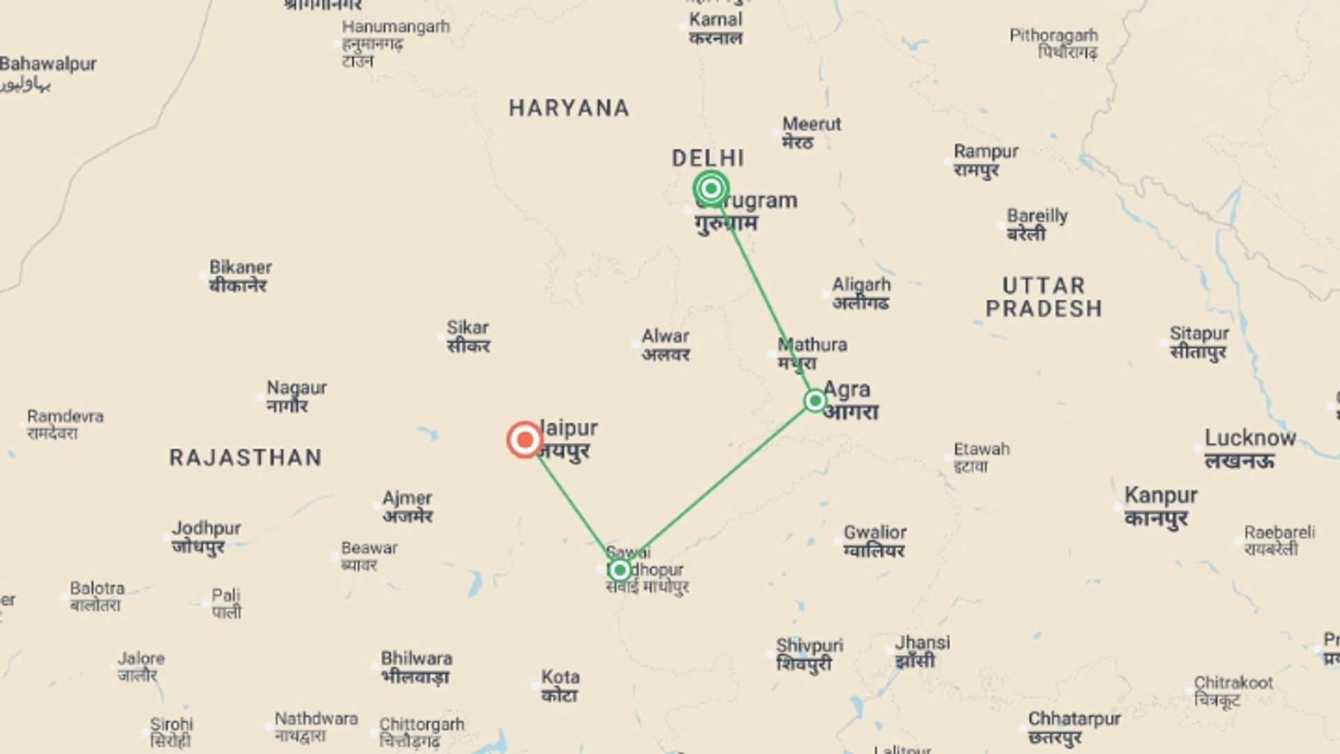 A map showing the tour itinerary for the trip: Delhi to Jaipur & Tigers - 8 days, starting in New Delhi, India and ending in Jaipur, India going through 2 other destinations.