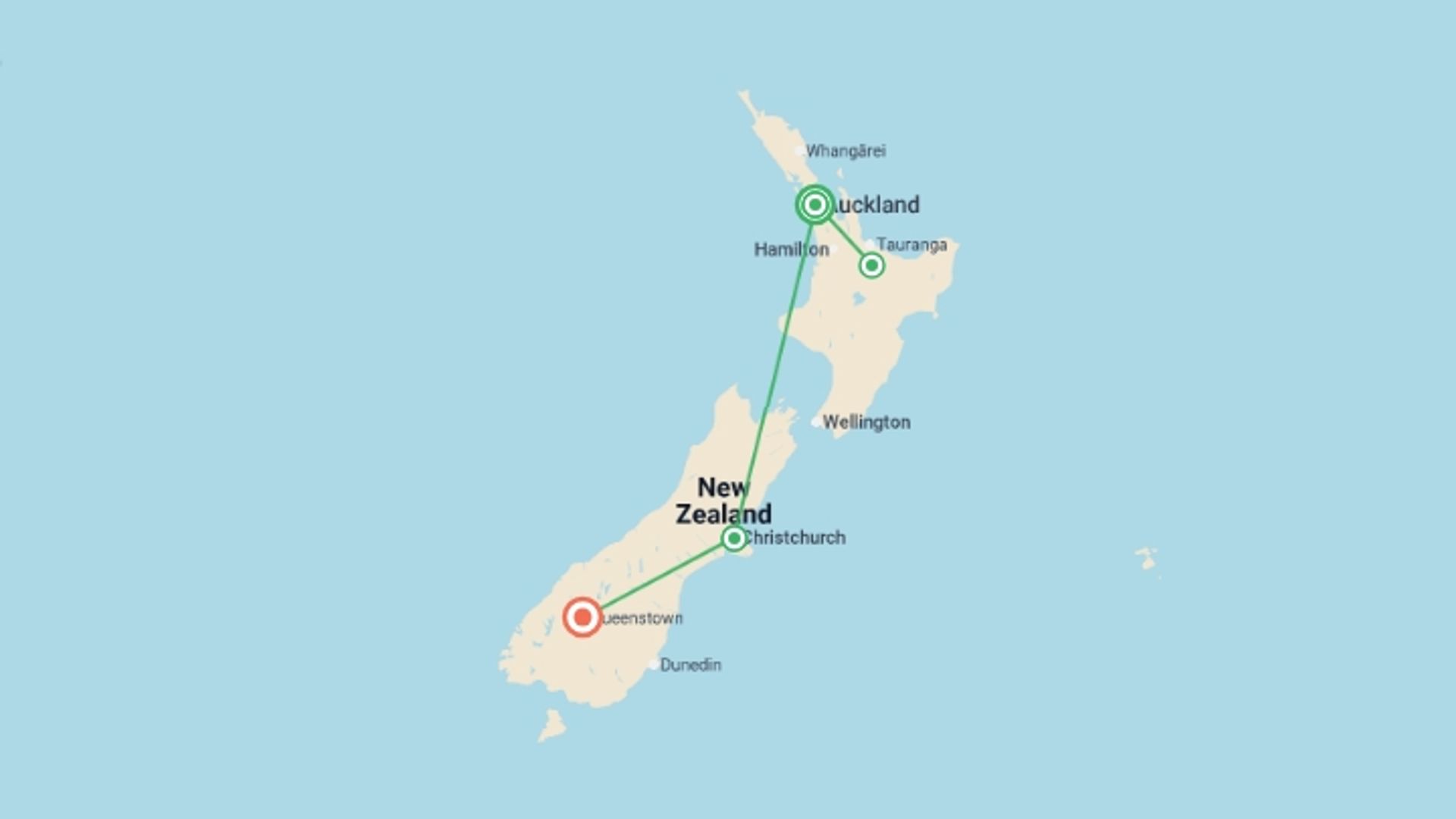 A map showing the tour itinerary for the trip: New Zealand Explorer, starting in Auckland, New Zealand and ending in Queenstown, New Zealand going through 2 other destinations.