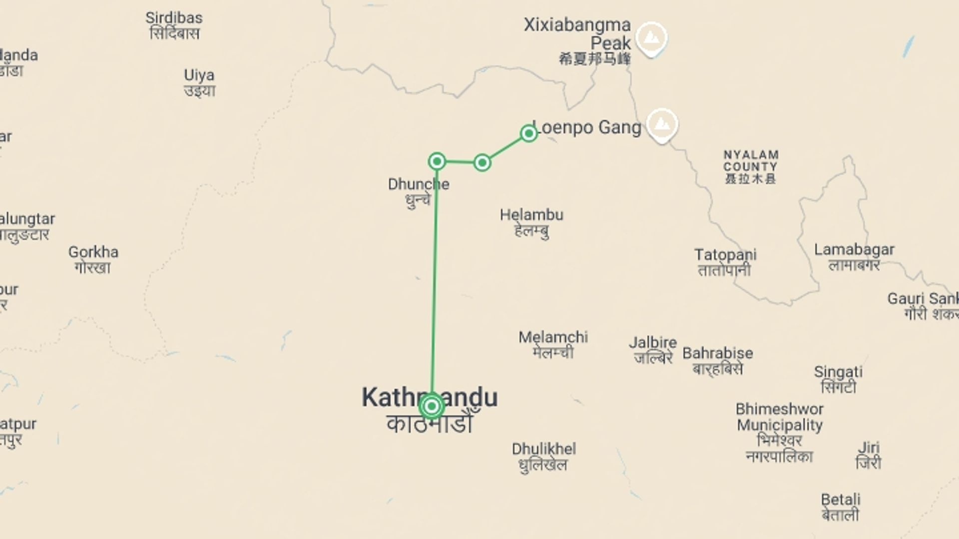 A map showing the tour itinerary for the trip: Langtang Valley Trek, starting in Kathmandu, Nepal and ending in Kathmandu, Nepal going through 4 other destinations.