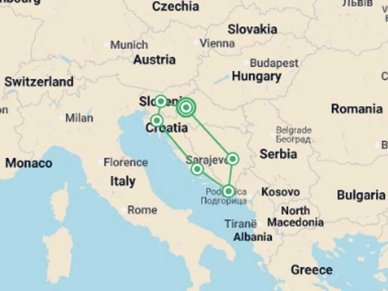 Map itinerary of Europe Tour in July 2026 with 6 destination visits for the trip: Wonders of the Balkans Cultural Odyssey - 9 days