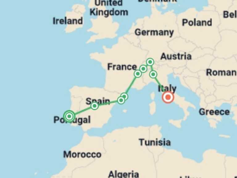 Map itinerary of Madrid Tour in March 2027 with 9 destination visits for the trip: Lisbon to Rome