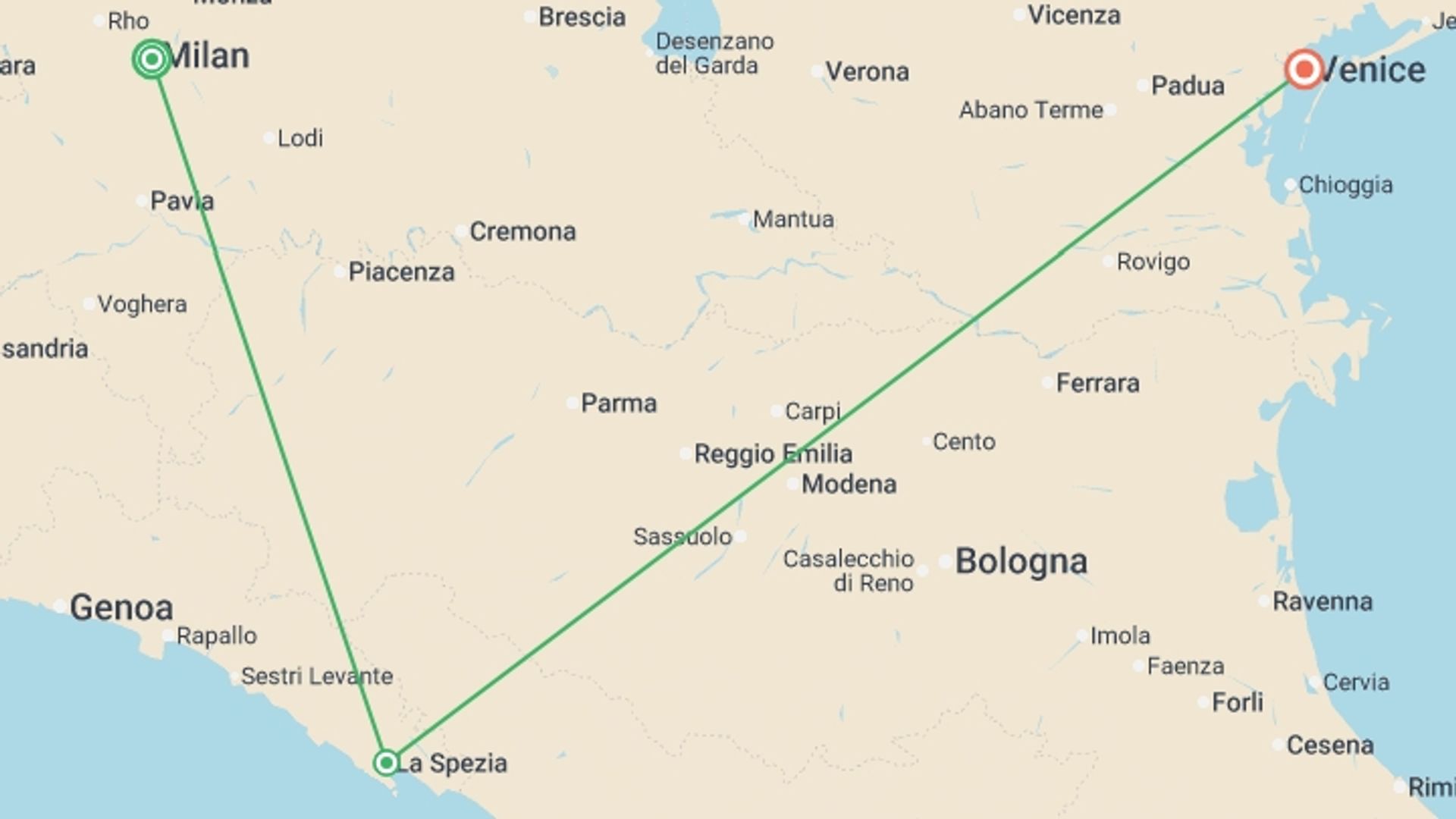 A map showing the tour itinerary for the trip: Milan, Liguria & Venice - 8 days, starting in Milan, Italy and ending in Venice, Italy going through 1 other destinations.