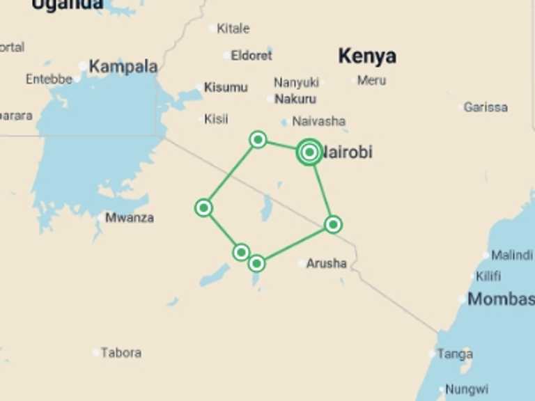 Map itinerary of East Africa Tour in September 2026 with 6 destination visits for the trip: The Best of East Africa - 12 days