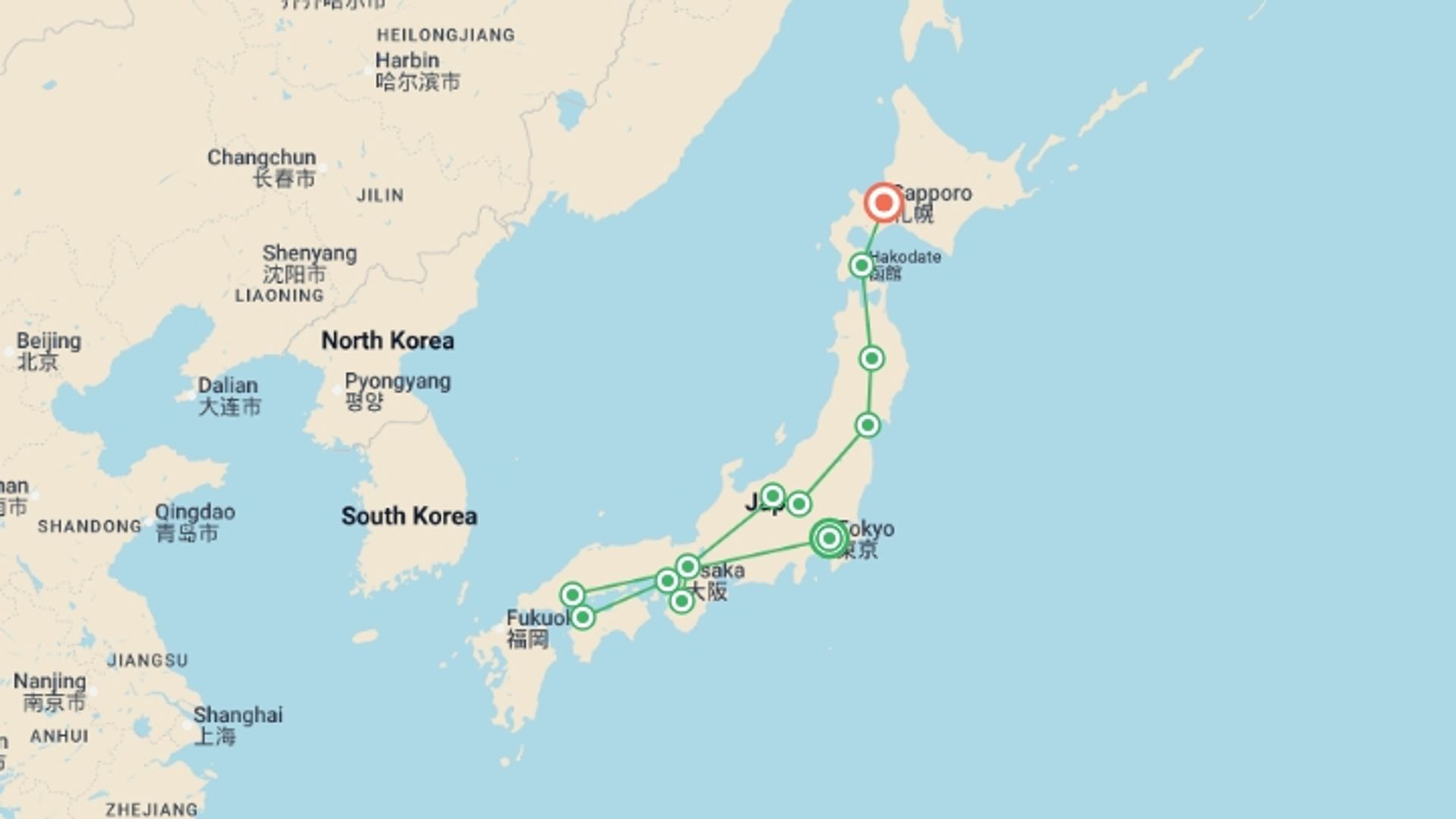 A map showing the tour itinerary for the trip: Japanese Scenes end Sapporo, starting in Tokyo, Japan and ending in Sapporo, Japan going through 10 other destinations.