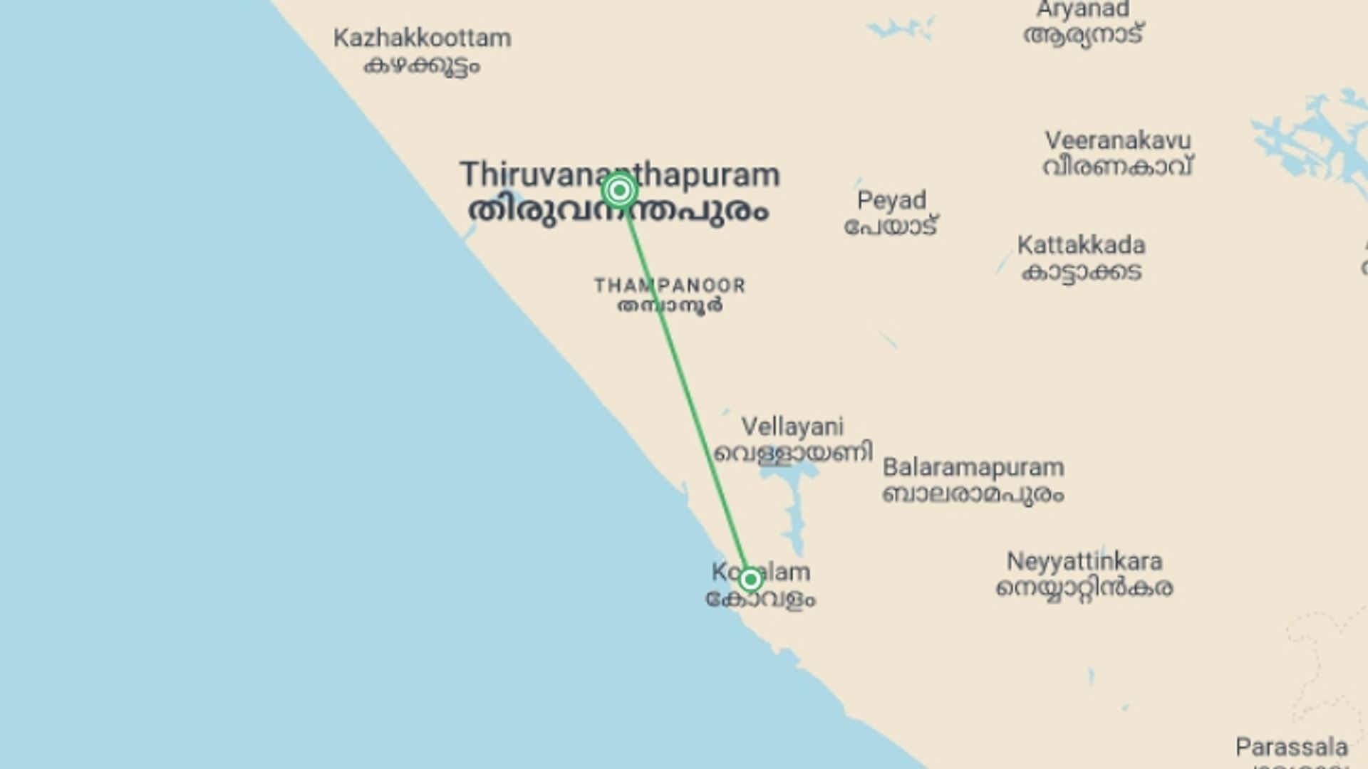 A map showing the tour itinerary for the trip: Kovalam Beach - 5 days, starting in Trivandrum, India and ending in Trivandrum, India going through 1 other destinations.