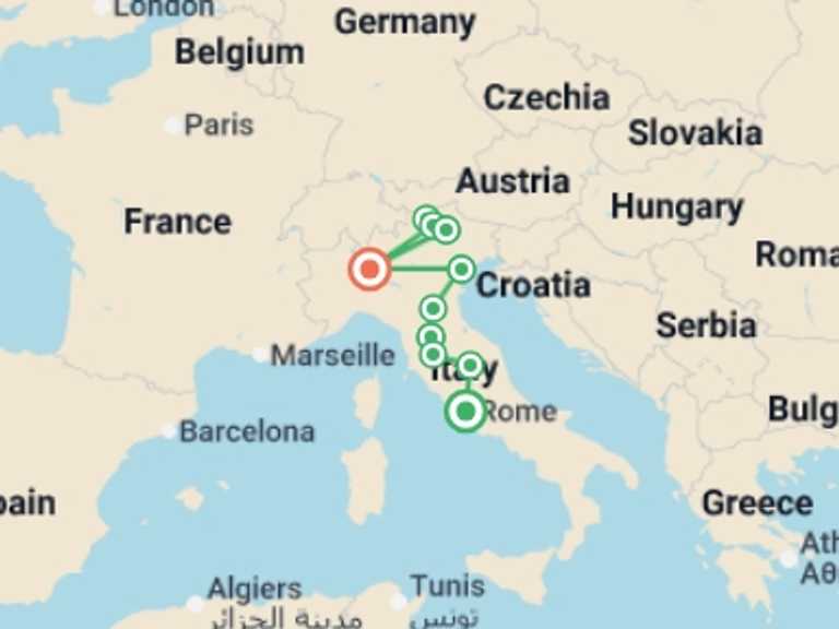 Map itinerary of Milan Tour in May 2026 with 7 destination visits for the trip: Classic Italy & the Dolomites