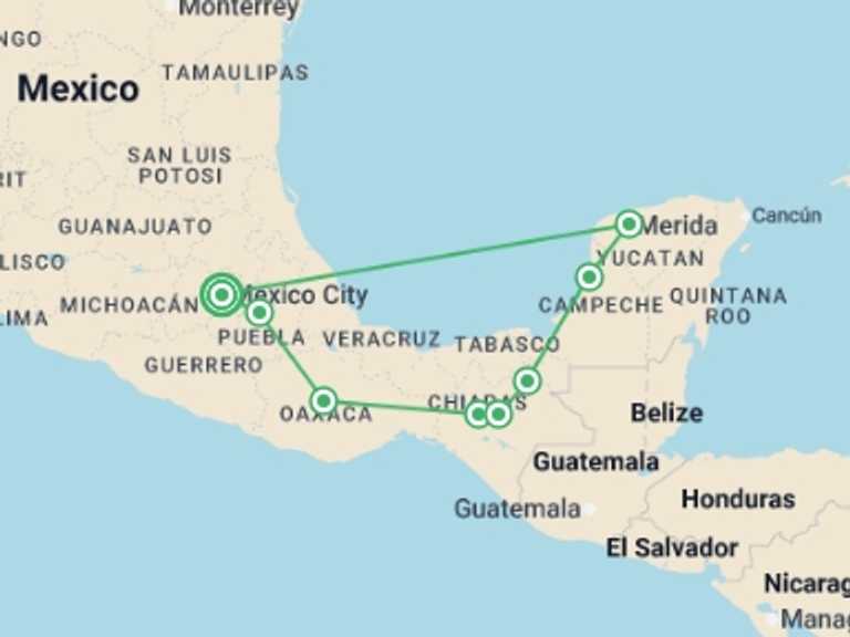 Map of North America Tour with 8 destination visits for the trip: Beautiful Mexico