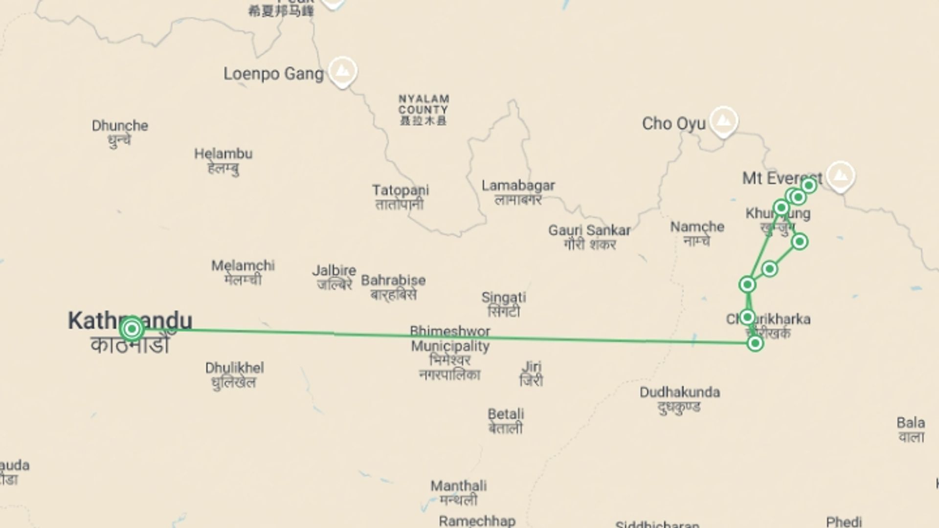 A map showing the tour itinerary for the trip: Everest Base Camp Trek, starting in Kathmandu, Nepal and ending in Kathmandu, Nepal going through 8 other destinations.