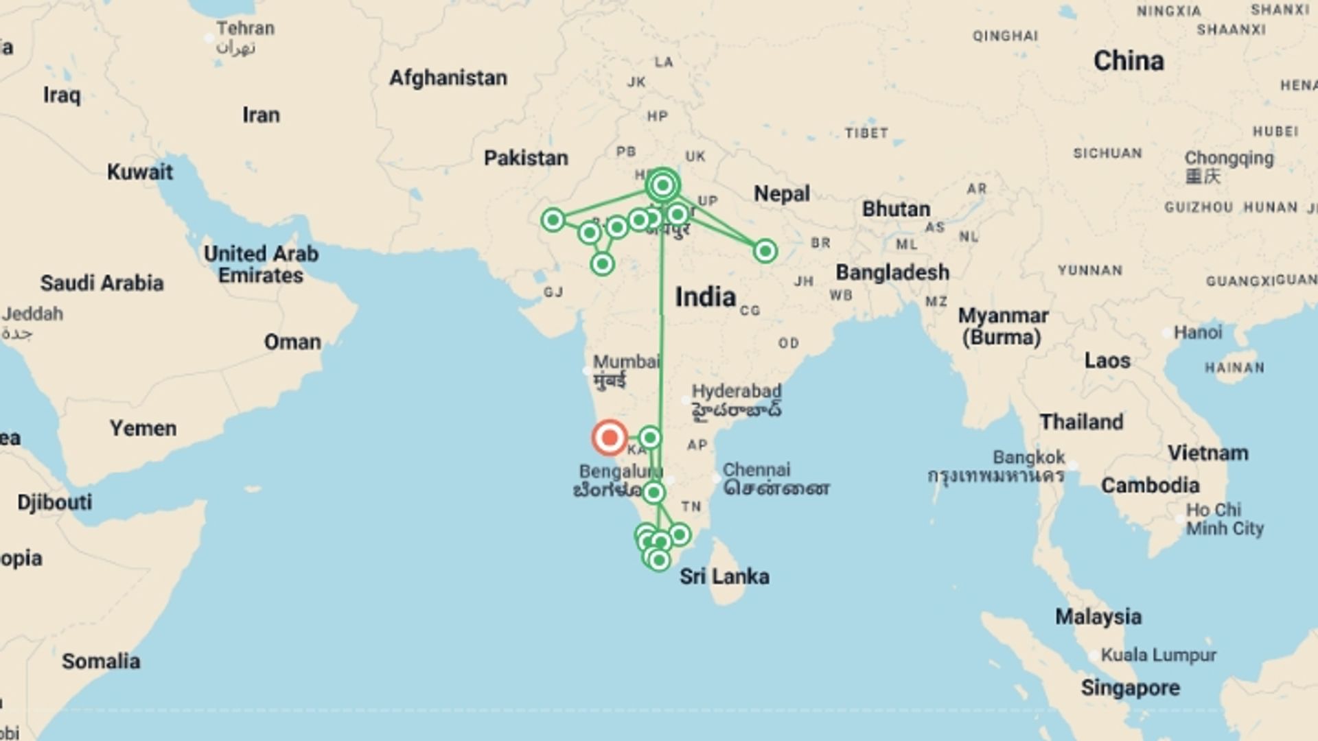 A map showing the tour itinerary for the trip: Iconic India, starting in New Delhi, India and ending in Goa, India going through 16 other destinations.
