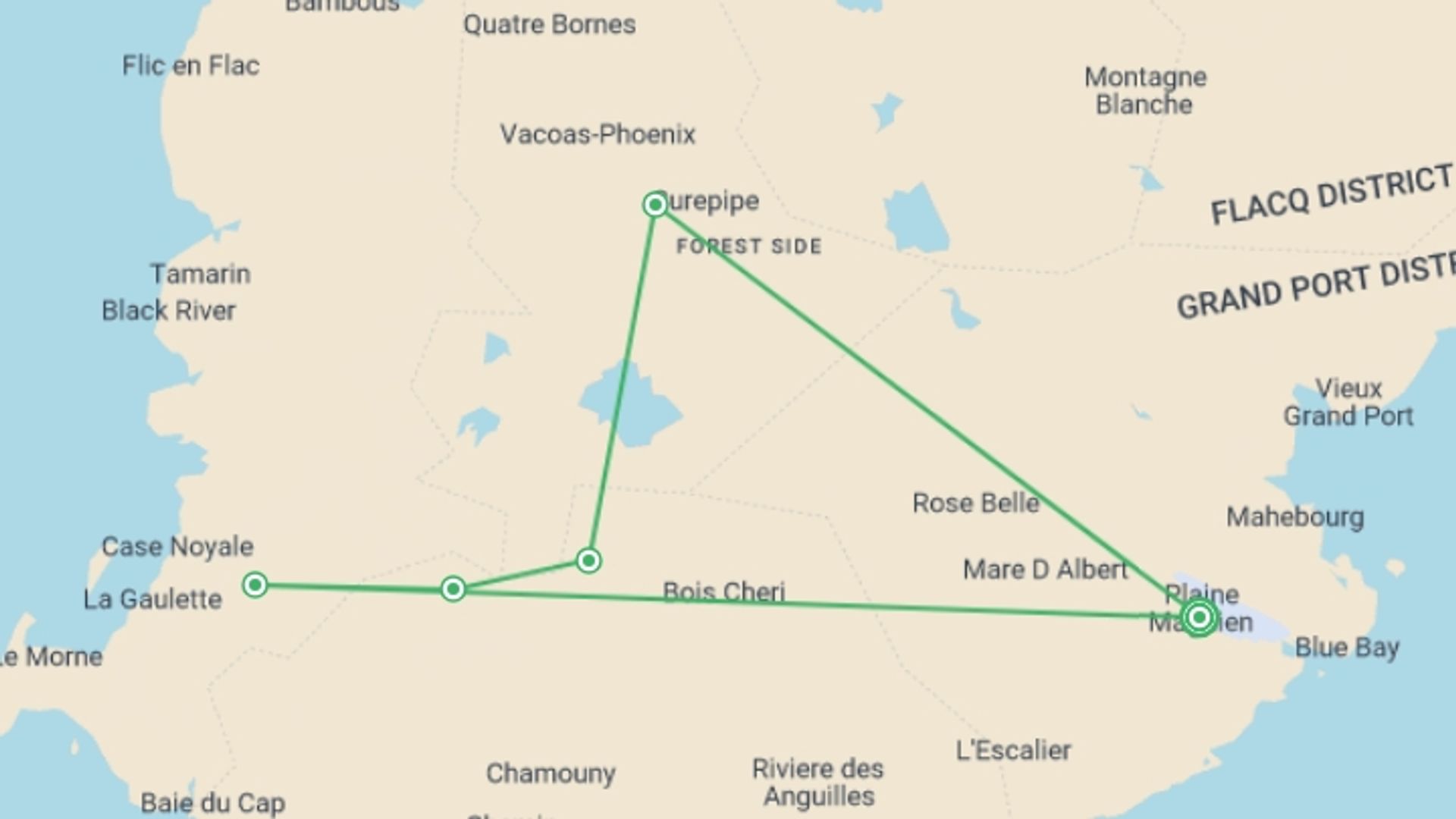 A map showing the tour itinerary for the trip: Mauritian Wonders (4* Hotel), starting in Balaclava, Mauritius and ending in Balaclava, Mauritius going through 1 other destinations.