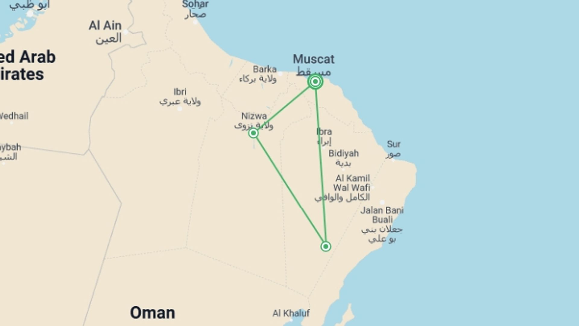 A map showing the tour itinerary for the trip: Essential Oman, starting in Muscat, Oman and ending in Muscat, Oman going through 2 other destinations.