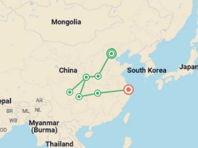 Map of China Tour with 9 destination visits for the trip: Yin and Yangtze - 15 days