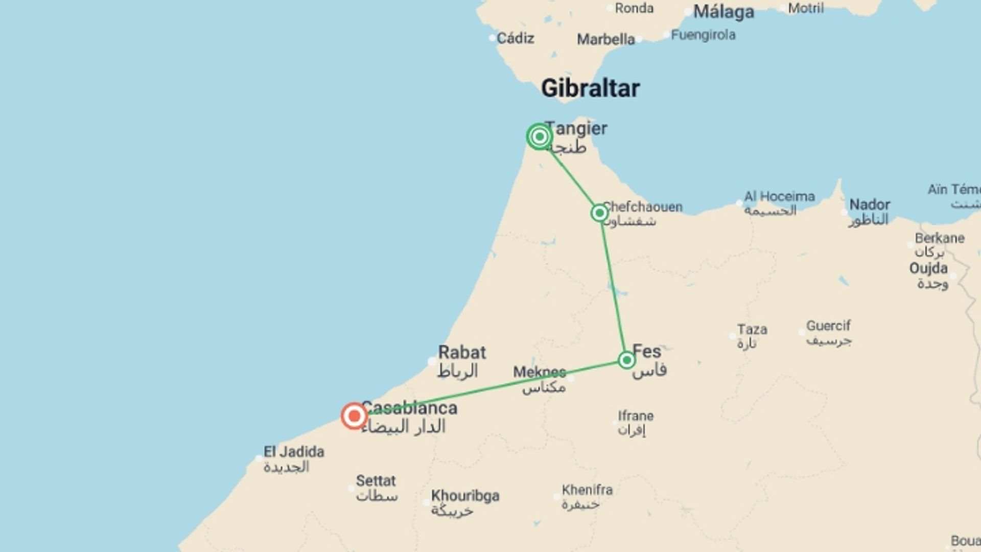 A map showing the tour itinerary for the trip: Morocco Eclipse 2027: Sun, Shadow & Chefchaouen, starting in Tangier, Morocco and ending in Casablanca, Morocco going through 2 other destinations.