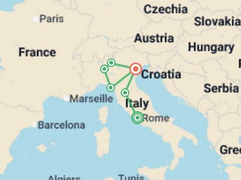 Map itinerary of Mediterranean Tour in August 2026 with 6 destination visits for the trip: Incredible Italy - 15 days