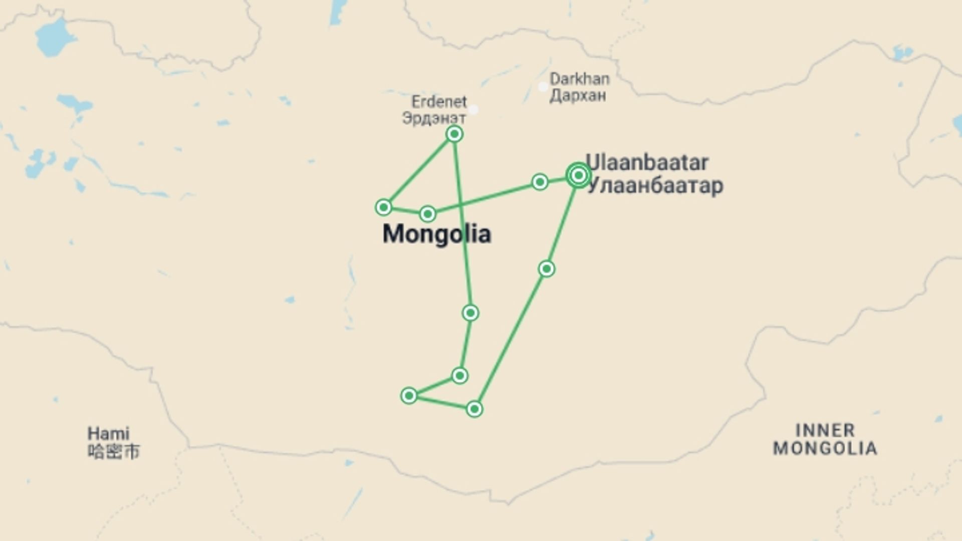 A map showing the tour itinerary for the trip: Journeys: Discover Mongolia, starting in Ulaanbaatar, Mongolia and ending in Ulaanbaatar, Mongolia going through 10 other destinations.