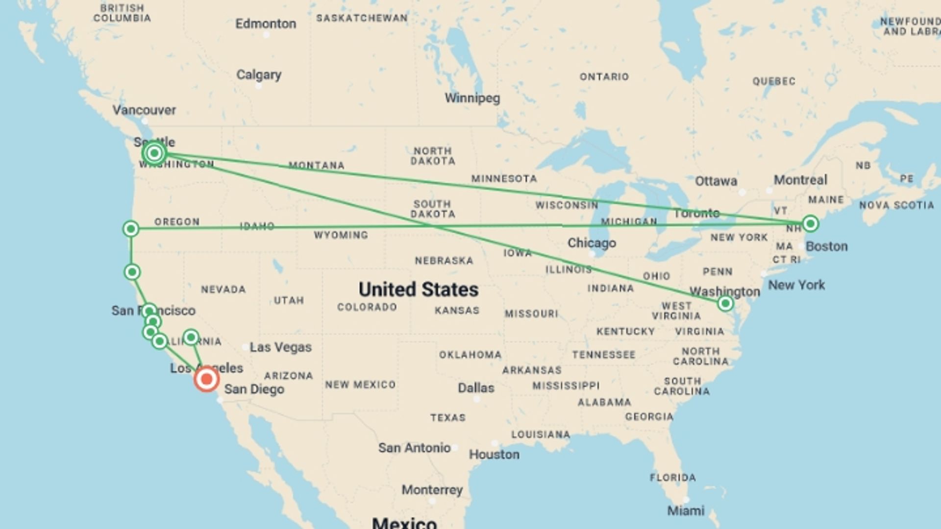 A map showing the tour itinerary for the trip: U.S. Small Group Tour - Seattle to Los Angeles, starting in Seattle, USA and ending in Los Angeles, USA going through 9 other destinations.