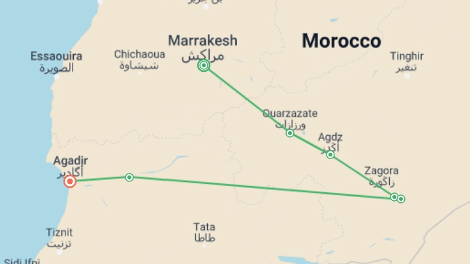 A map showing the tour itinerary for the trip: Sahara And South, Private Tour, starting in Marrakech, Morocco and ending in Agadir, Morocco going through 4 other destinations.