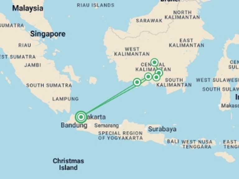 Map of South East Asia Adventure Tour with 5 destination visits for the trip: Indonesia Expedition: Orangutans of Kalimantan