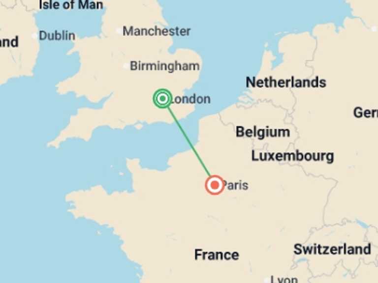 Map of Europe Cultural, religious and historic sites Tour with 2 destination visits for the trip: London and Paris Explorer