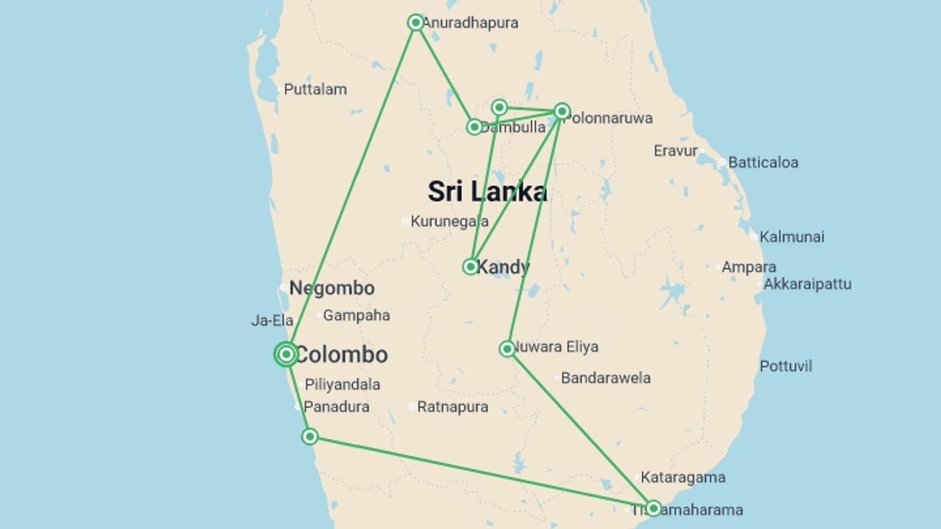 A map showing the tour itinerary for the trip: Sri Lanka Encompassed  - 15 days, starting in Colombo, Sri Lanka and ending in Colombo, Sri Lanka going through 6 other destinations.