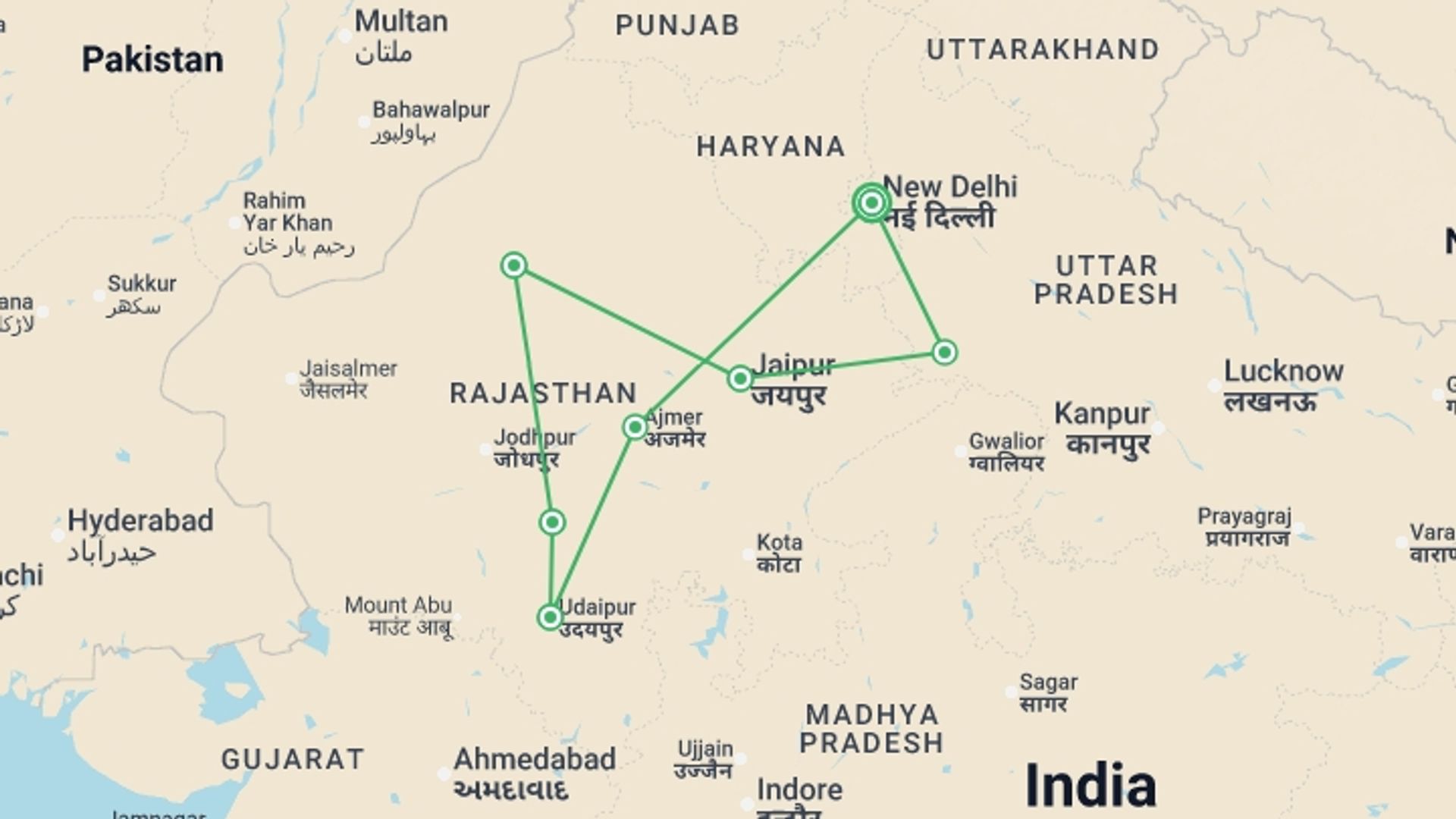 A map showing the tour itinerary for the trip: Upgraded - India: Forts + Palaces of Rajasthan, starting in New Delhi, India and ending in New Delhi, India going through 6 other destinations.