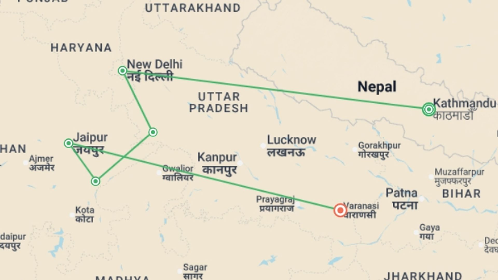 A map showing the tour itinerary for the trip: Best of India, starting in Kathmandu, Nepal and ending in Varanasi, India going through 4 other destinations.