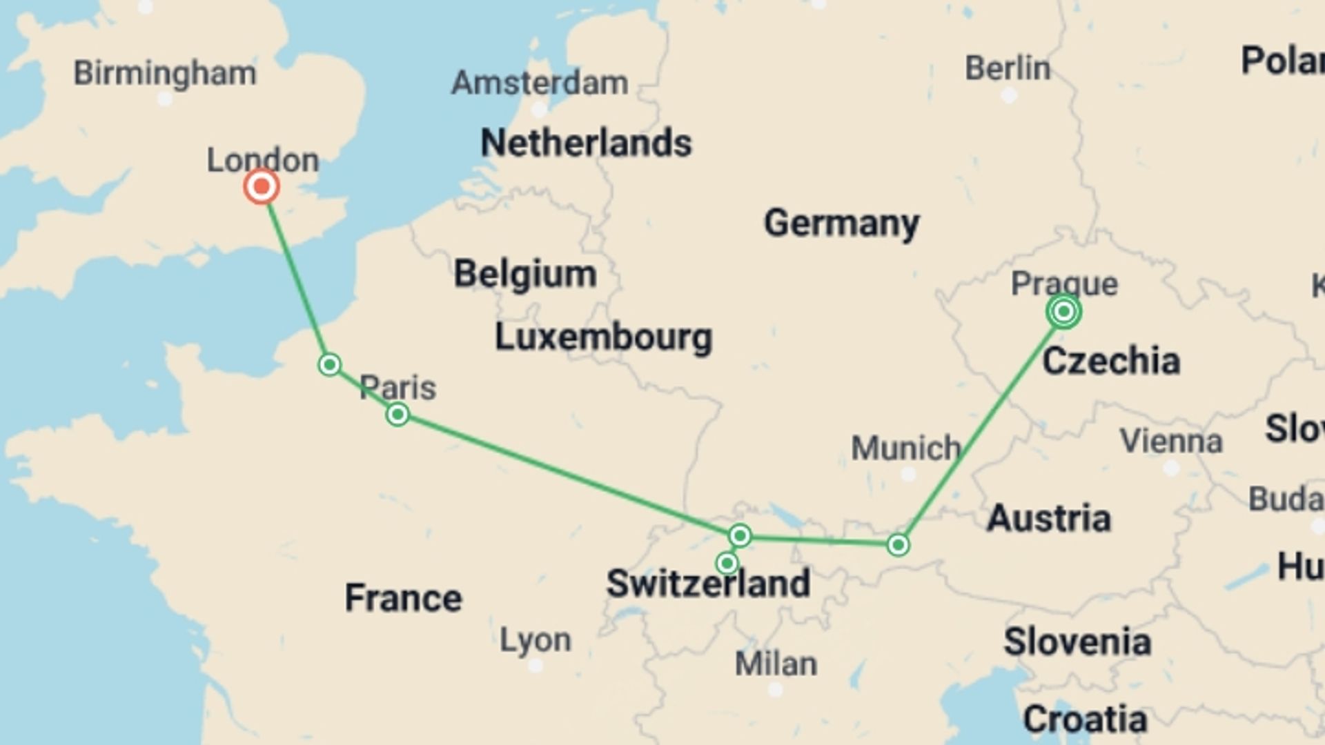 A map showing the tour itinerary for the trip: Great European Cities, starting in Prague, Czech Republic and ending in London, England going through 1 other destinations.