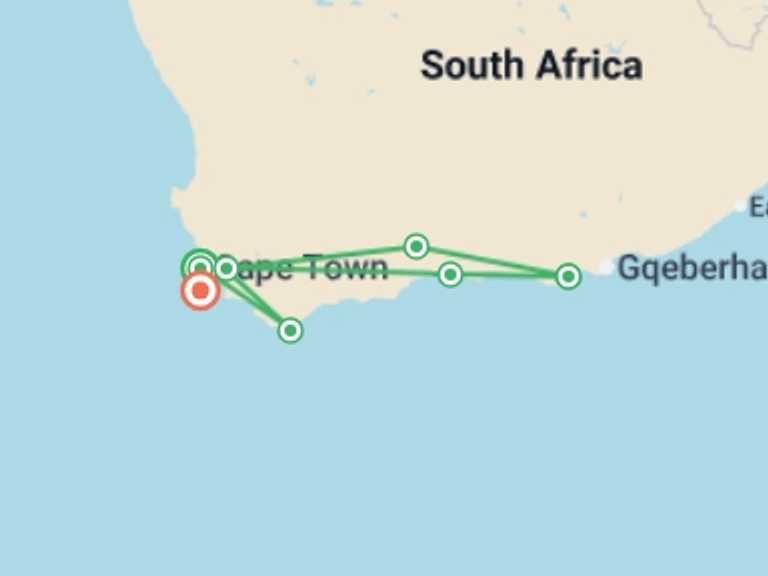Map itinerary of Cape Town Tour in December 2026 with 7 destination visits for the trip: Garden Route & Wine Adventure 7D/6N