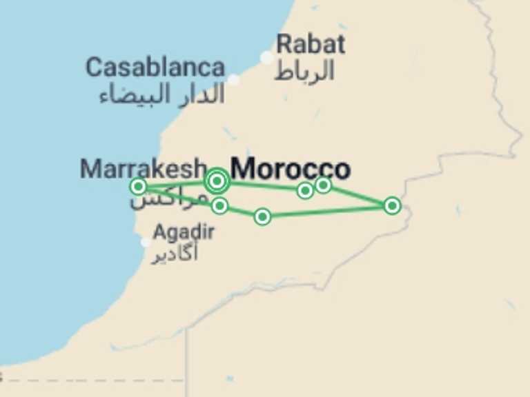 Map of Morocco Tour with 6 destination visits for the trip: Morocco Desert to Coast - 11 days