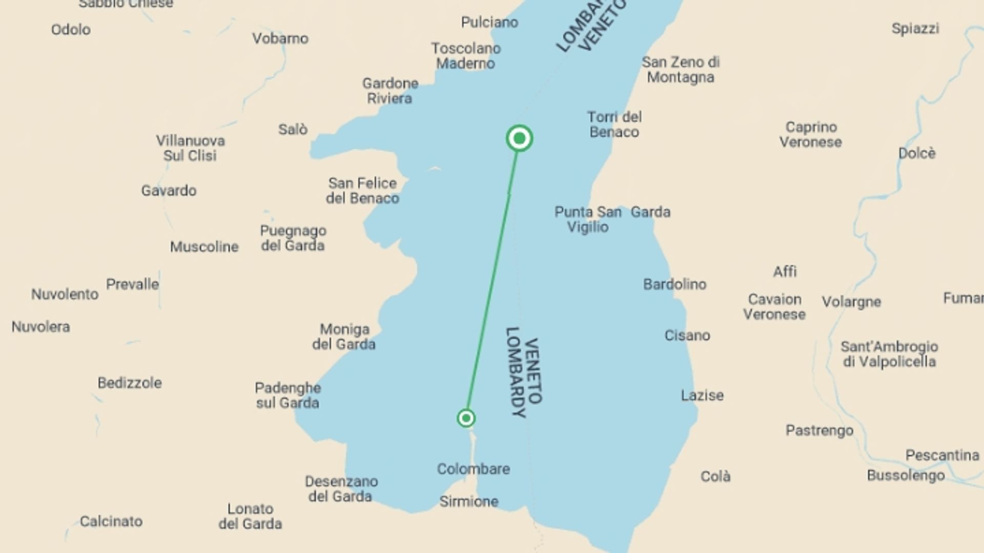 A map showing the tour itinerary for the trip: Discovering Garda Lake, starting in Lake Garda, Italy and ending in Lake Garda, Italy going through 1 other destinations.
