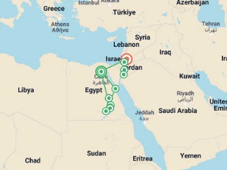 Map of a 4x4, quad and ATV Tour with 11 destination visits for the trip: Road to Jordan with Cruise - 16 days