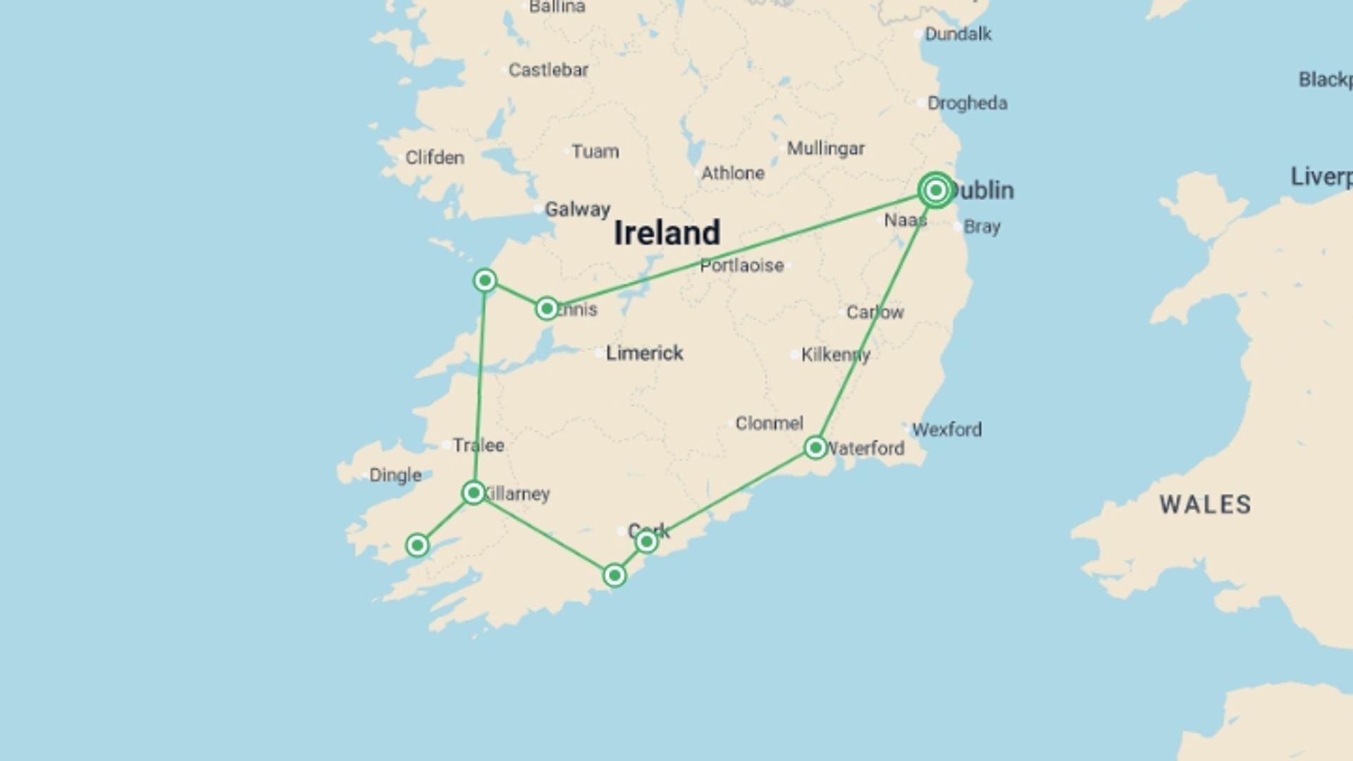 A map showing the tour itinerary for the trip: Corners of Southern Ireland, starting in Dublin, Ireland and ending in Dublin, Ireland going through 4 other destinations.