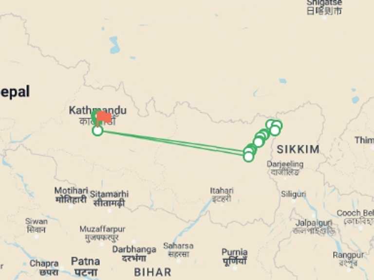 Map of 20-Day Kathmandu Tour with 14 destination visits for the trip: Kanchenjunga  Base Camp Trek