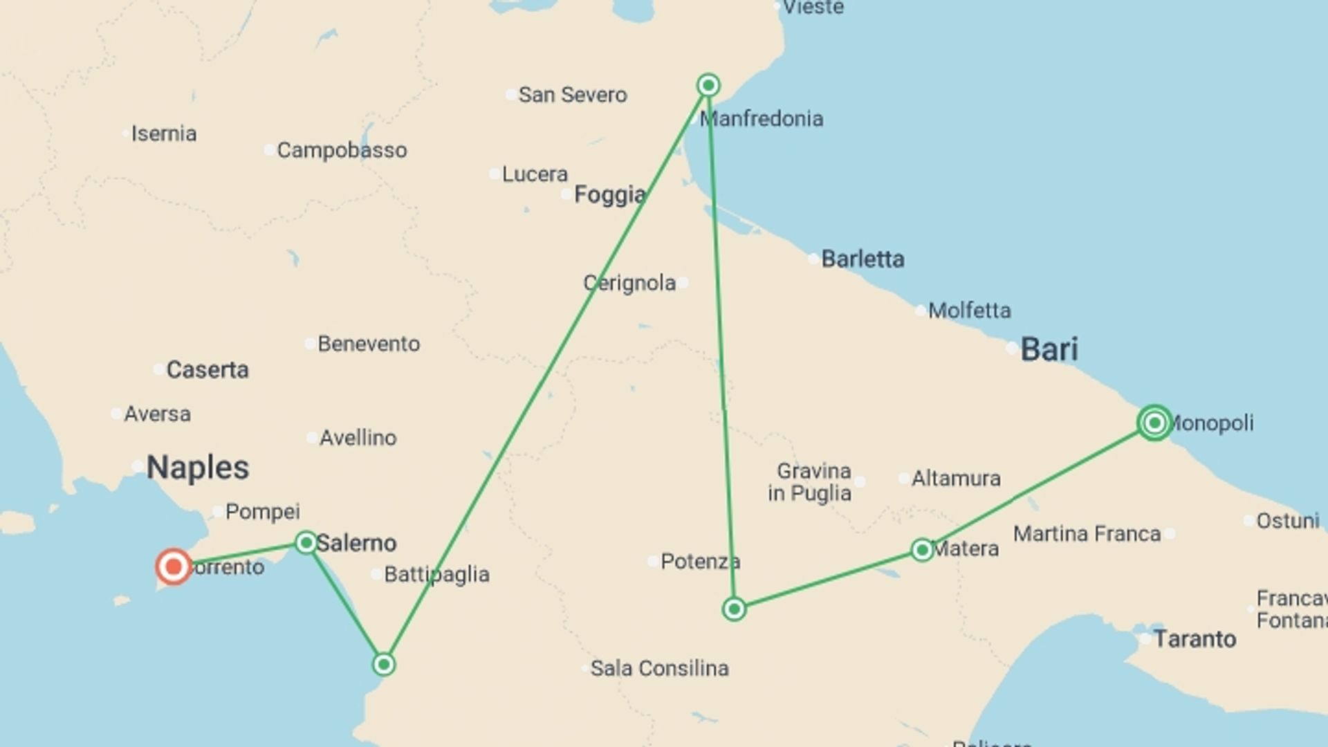 A map showing the tour itinerary for the trip: Italy Coast to Coast by E-bike: Puglia to Amalfi Coast, starting in Monopoli, Italy and ending in Sorrento, Italy going through 5 other destinations.