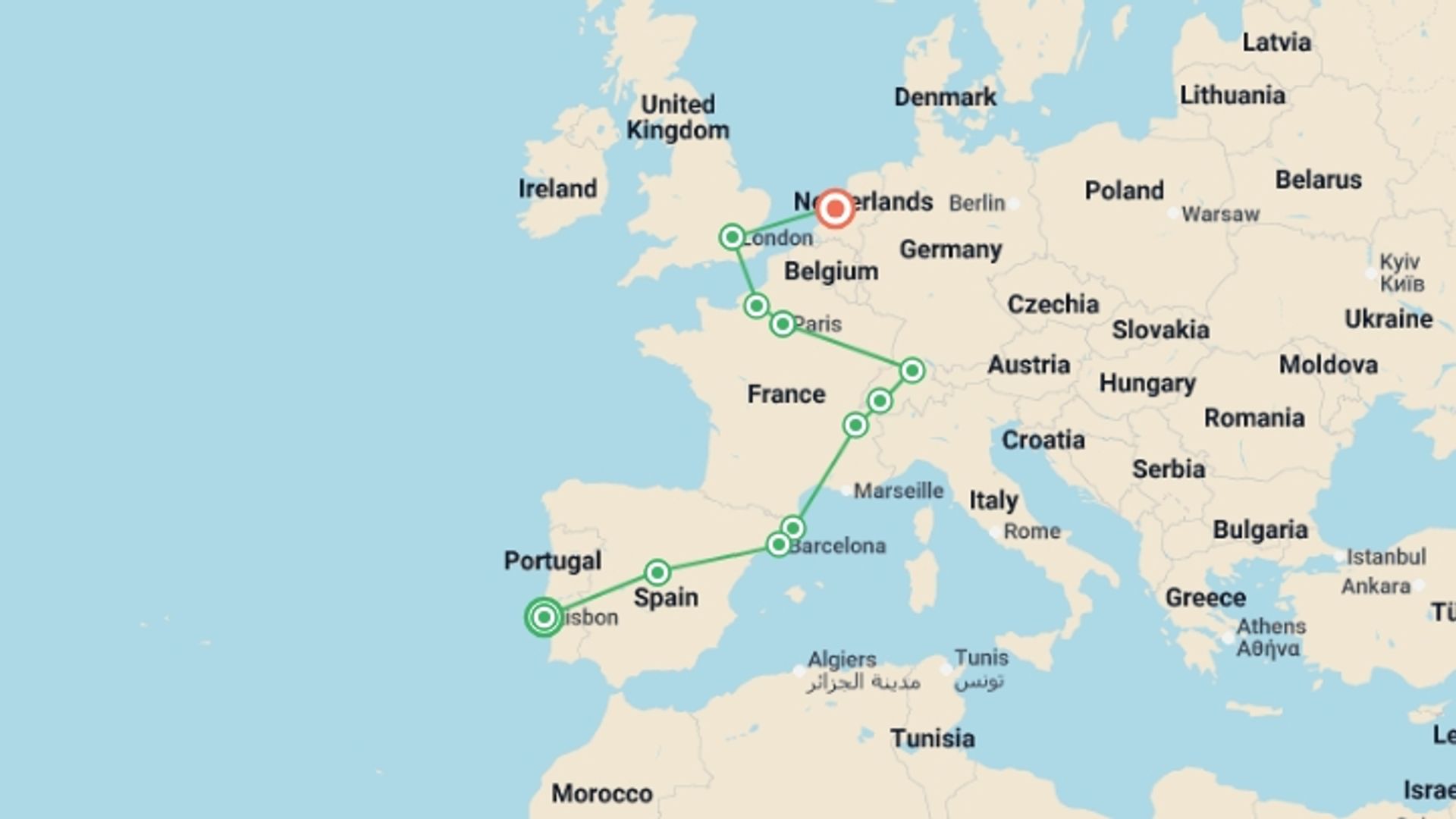 A map showing the tour itinerary for the trip: Highlights from the Old Continent, starting in Lisbon, Portugal and ending in Amsterdam, Holland going through 10 other destinations.