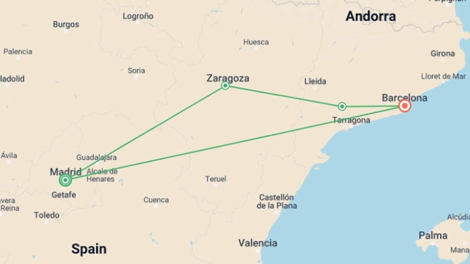 A map showing the tour itinerary for the trip: Madrid and Barcelona dept Saturday, starting in Madrid, Spain and ending in Barcelona, Spain going through 0 other destinations.