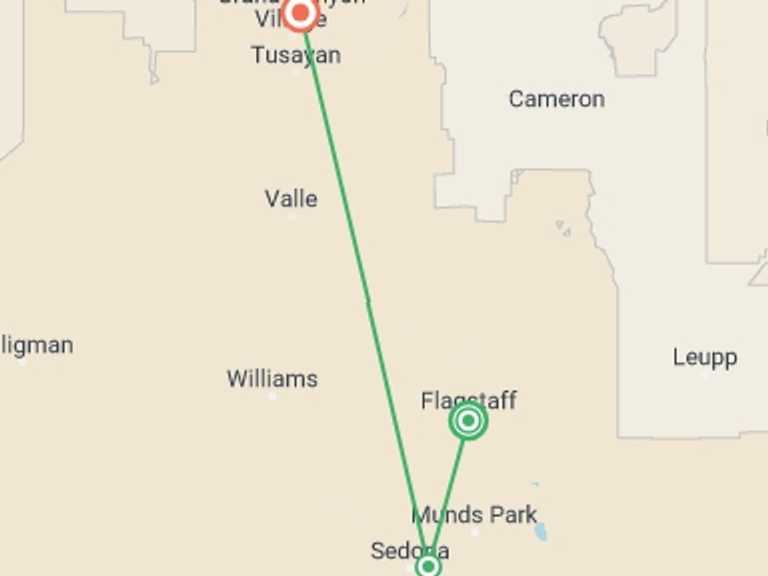 Map itinerary of USA Tour in Fall with 4 destination visits for the trip: Hiking in Sedona and the Grand Canyon