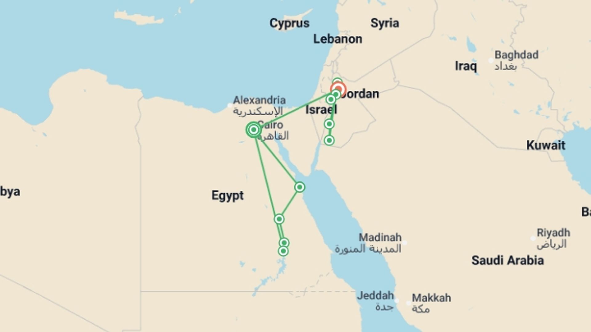 A map showing the tour itinerary for the trip: Egypt & Jordan Jewel with 5* Nile Boat Cruise (2026 departures), starting in cairo airport, Egypt and ending in Amman, Jordan going through 7 other destinations.