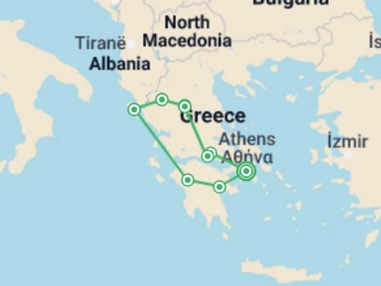 Map of Athens Sightseeing Tour with 7 destination visits for the trip: Greek Explorer