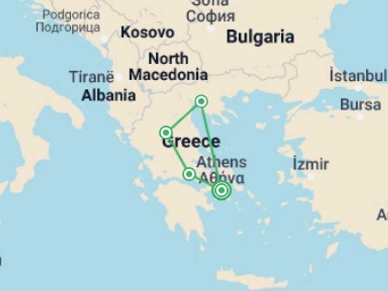 Map itinerary of Athens Tour in October 2026 with 4 destination visits for the trip: Ancient Greece on Foot
