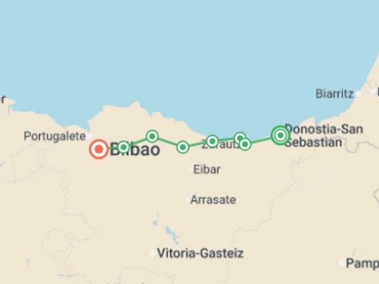 Map of a Winter adventure Tour with 8 destination visits for the trip: Camino Norte - San Sebastian to Bilbao